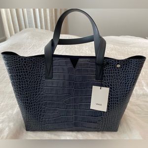 Vince Signature V Croco Embossed Leather Tote - Dk Blue